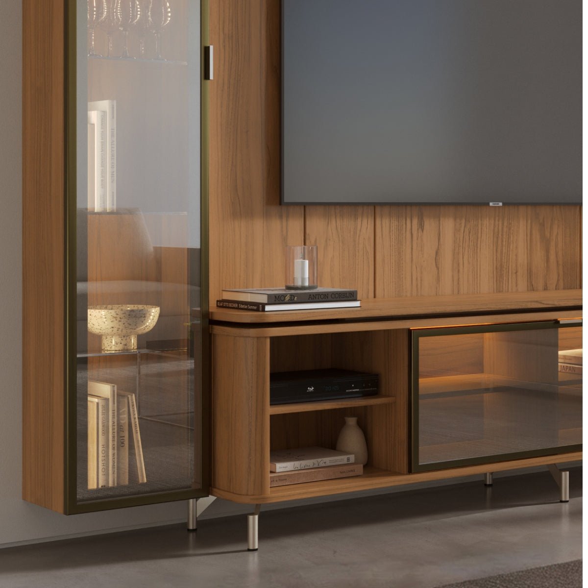 Estante para TV até 75 Polegadas com Prateleiras e Cristaleira Vidro Reflecta 100% MDF com Led Lincoln Float 254cm - Província - Rack com painel