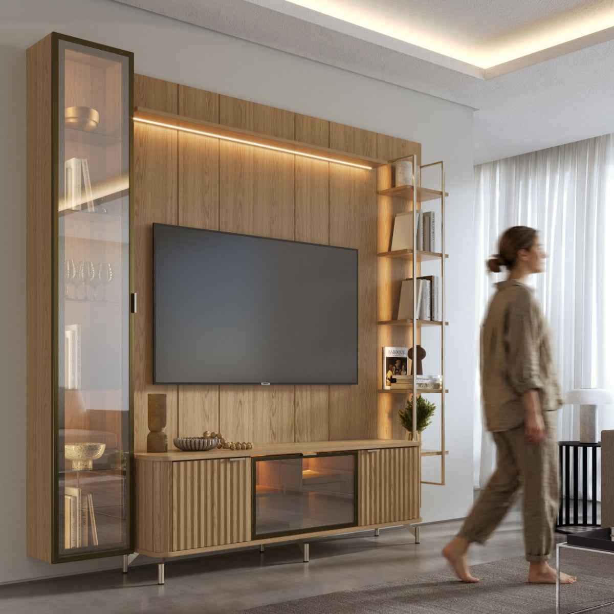 Estante para TV até 75 Polegadas com Prateleiras e Cristaleira Vidro Reflecta 100% MDF com Led Neon Float 254cm - Província - Rack com painel