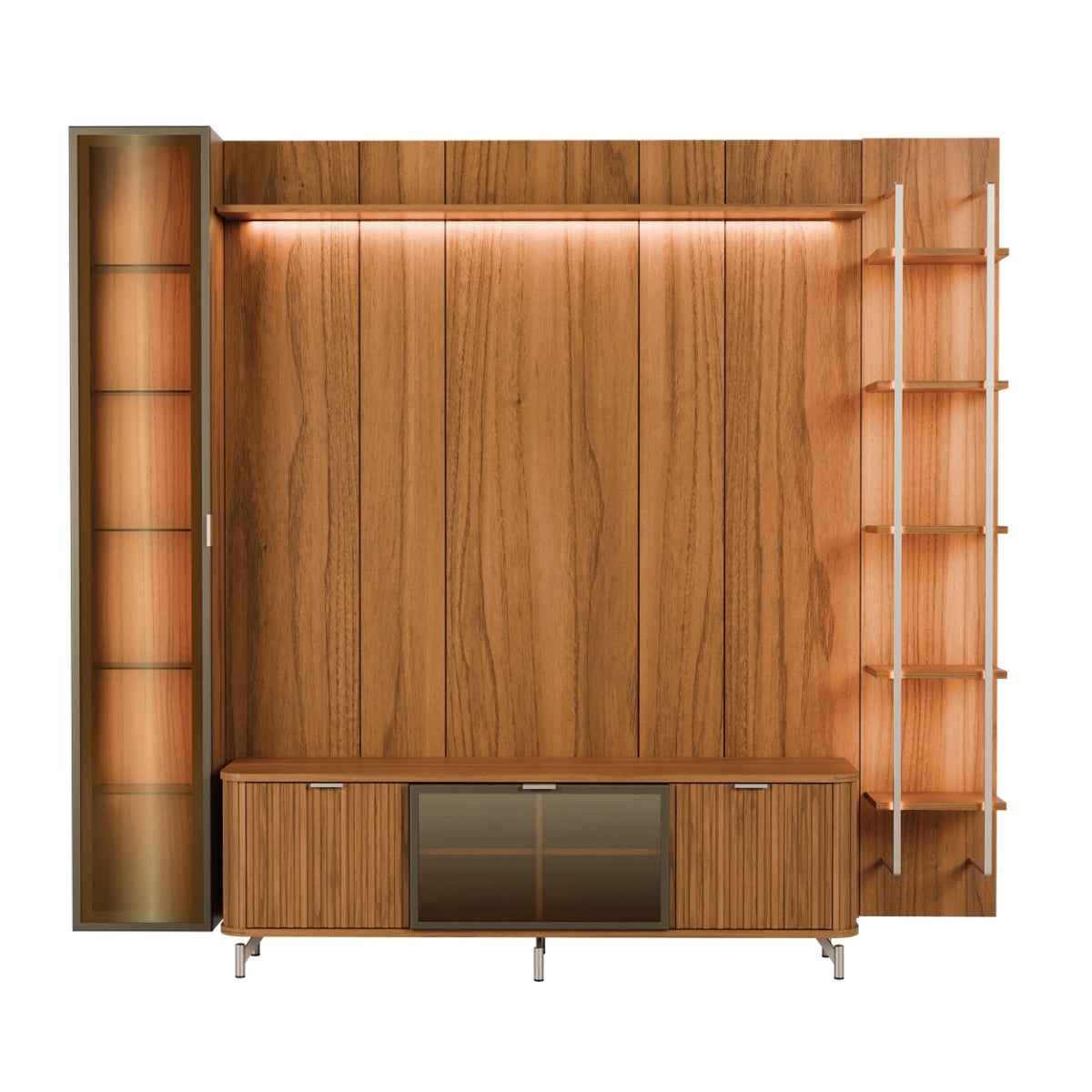 Estante para TV até 75 Polegadas com Prateleiras e Cristaleira Vidro Reflecta 100% MDF com Led Neon Float 254cm - Província - Rack com painel