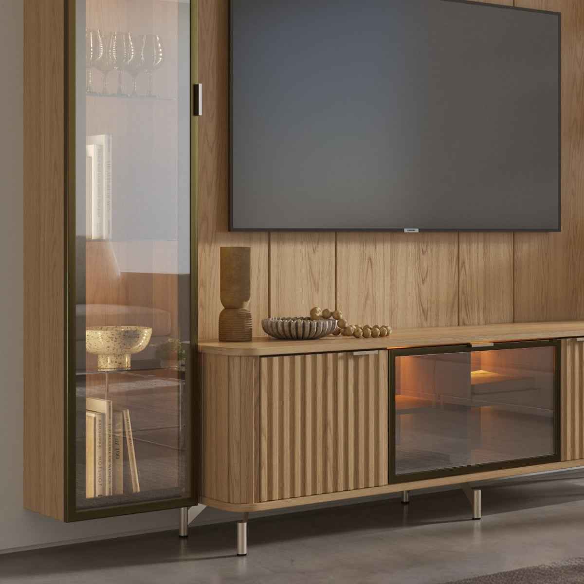 Estante para TV até 75 Polegadas com Prateleiras e Cristaleira Vidro Reflecta 100% MDF com Led Neon Float 254cm - Província - Rack com painel