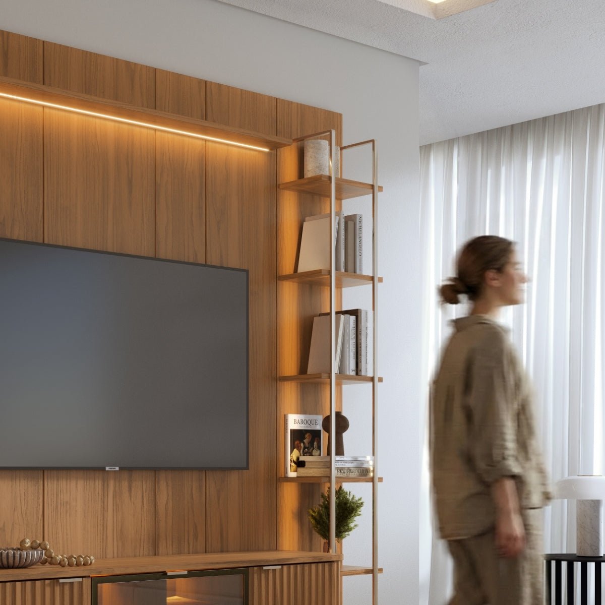 Estante para TV até 75 Polegadas com Prateleiras e Cristaleira Vidro Reflecta 100% MDF com Led Neon Float 254cm - Província - Rack com painel