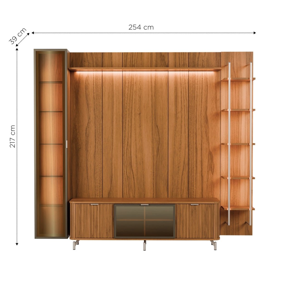 Estante para TV até 75 Polegadas com Prateleiras e Cristaleira Vidro Reflecta 100% MDF com Led Neon Float 254cm - Província - Rack com painel
