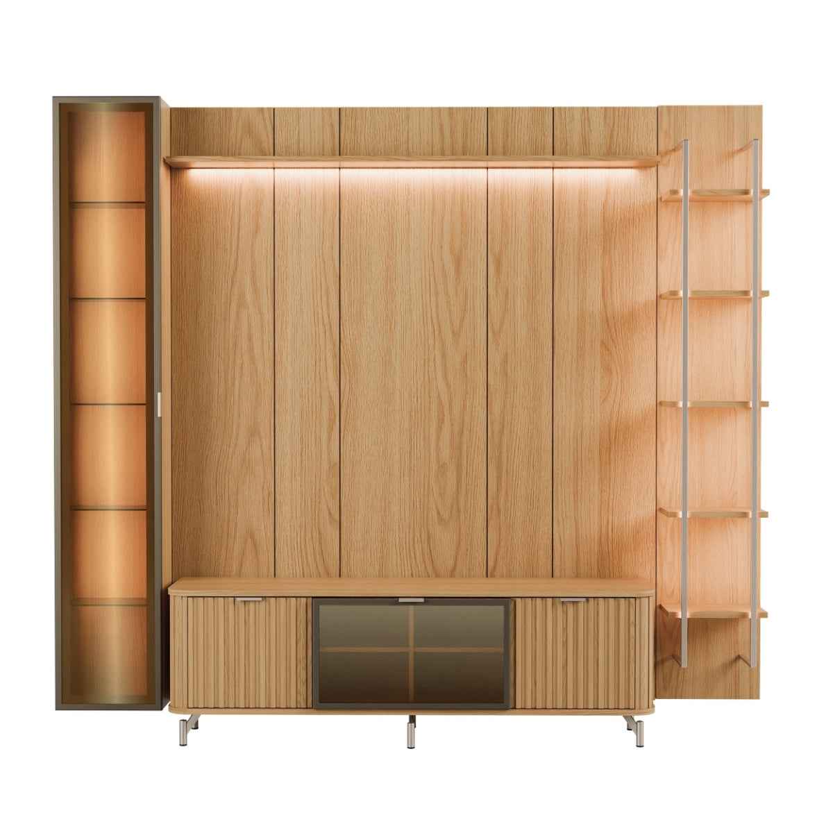 Estante para TV até 75 Polegadas com Prateleiras e Cristaleira Vidro Reflecta 100% MDF com Led Neon Float 254cm - Província - Rack com painel