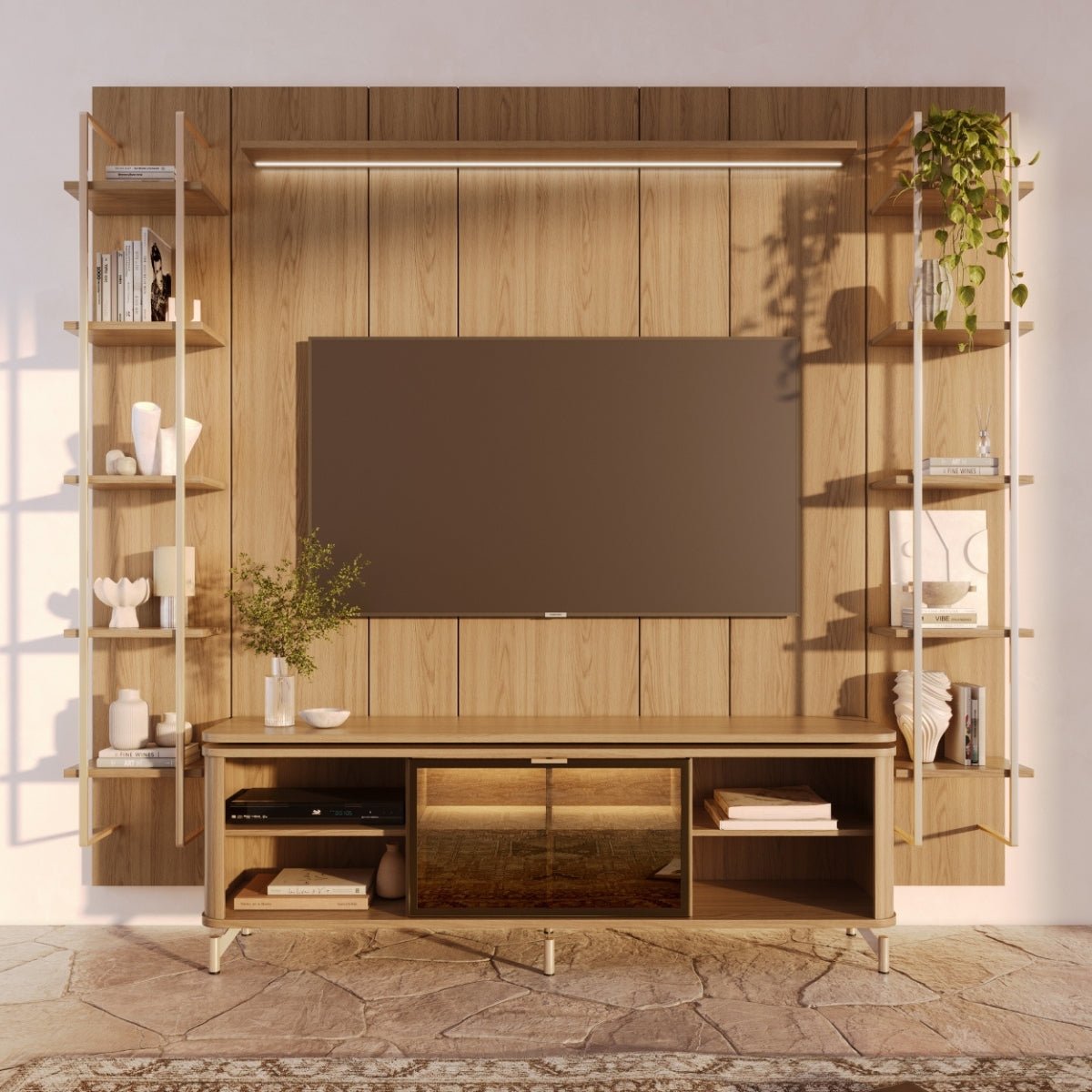 Estante para TV até 75 Polegadas Vidro Reflecta com Prateleiras 100% MDF com Led Lincoln Float 254cm - Província - Rack com painel