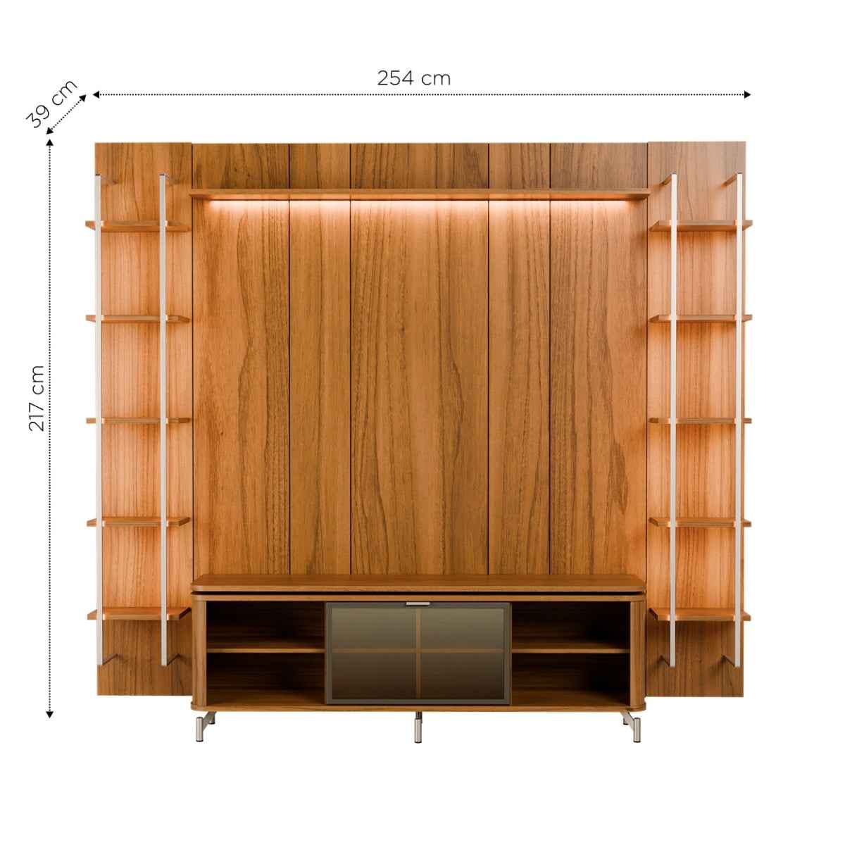Estante para TV até 75 Polegadas Vidro Reflecta com Prateleiras 100% MDF com Led Lincoln Float 254cm - Província - Rack com painel