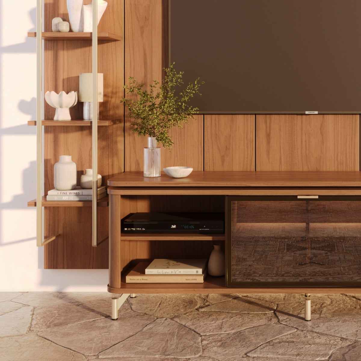 Estante para TV até 75 Polegadas Vidro Reflecta com Prateleiras 100% MDF com Led Lincoln Float 254cm - Província - Rack com painel