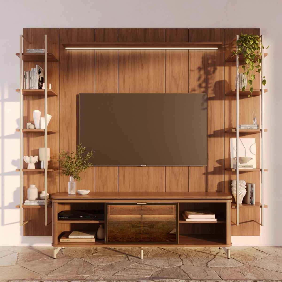 Estante para TV até 75 Polegadas Vidro Reflecta com Prateleiras 100% MDF com Led Lincoln Float 254cm - Província - Rack com painel