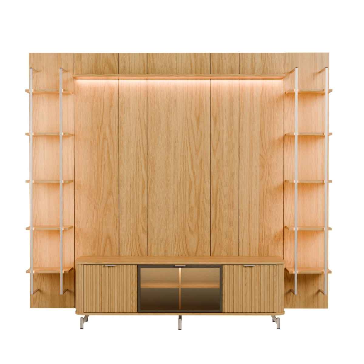 Estante para TV até 75 Polegadas Vidro Reflecta com Prateleiras 100% MDF com Led Neon Float 254cm - Província - Rack com painel