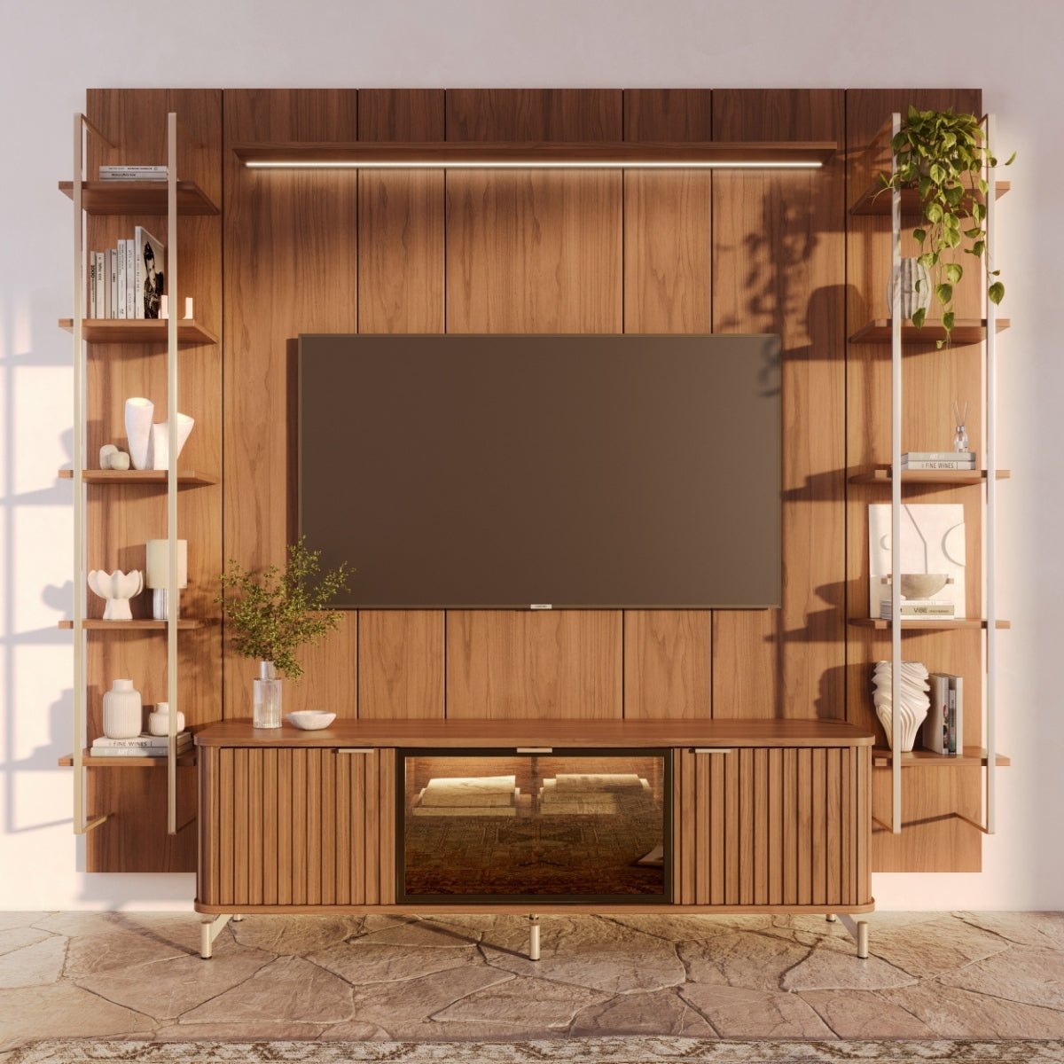 Estante para TV até 75 Polegadas Vidro Reflecta com Prateleiras 100% MDF com Led Neon Float 254cm - Província - Rack com painel