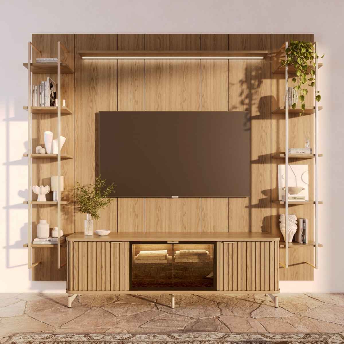 Estante para TV até 75 Polegadas Vidro Reflecta com Prateleiras 100% MDF com Led Neon Float 254cm - Província - Rack com painel