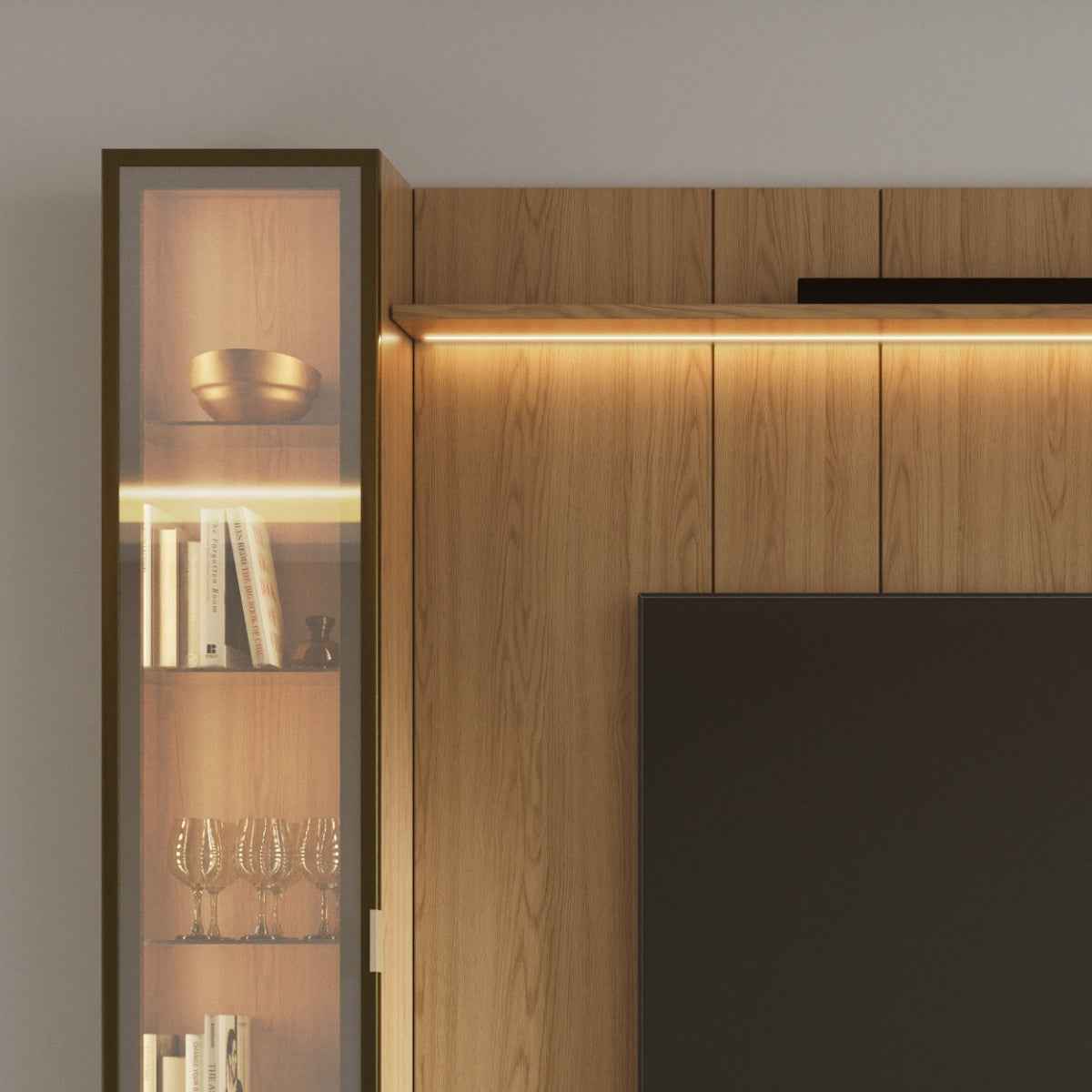 Estante para TV até 85 Polegadas com 2 Cristaleiras Vidro Reflecta 100% MDF com Led Lincoln Float 291cm - Província - Rack com painel