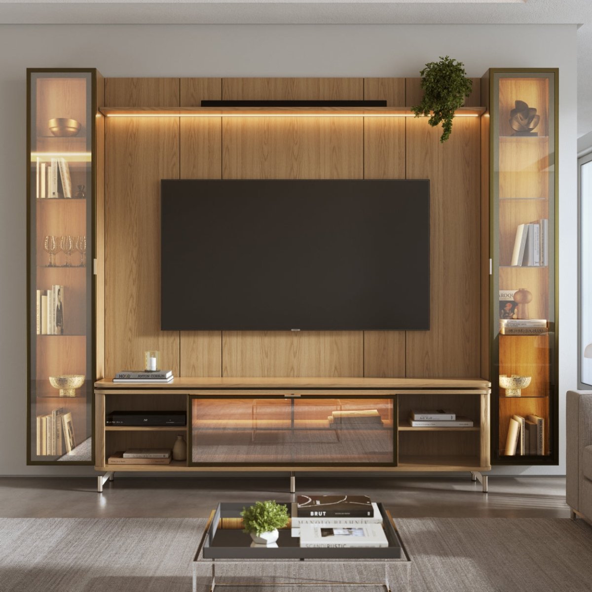 Estante para TV até 85 Polegadas com 2 Cristaleiras Vidro Reflecta 100% MDF com Led Lincoln Float 291cm - Província - Rack com painel
