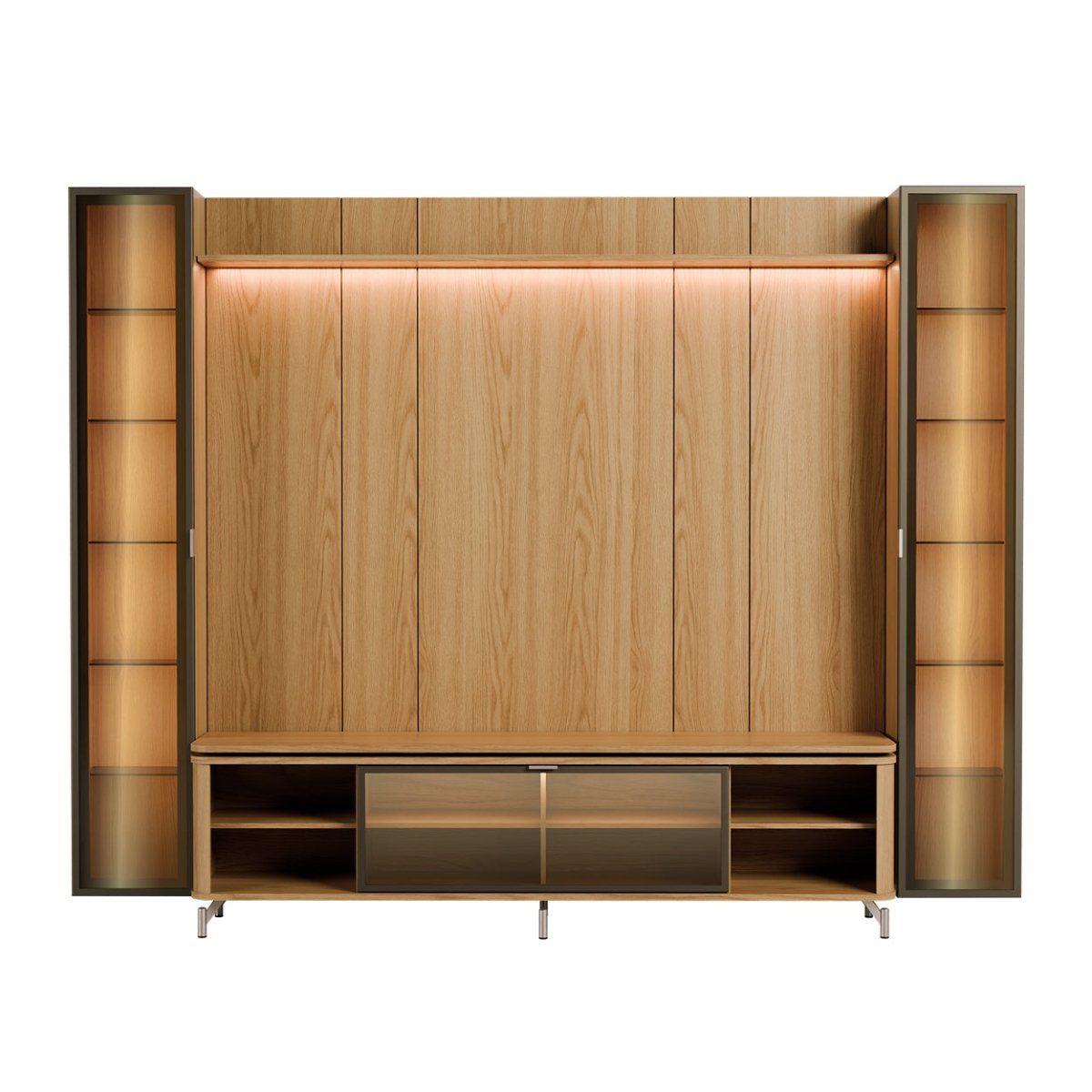 Estante para TV até 85 Polegadas com 2 Cristaleiras Vidro Reflecta 100% MDF com Led Lincoln Float 291cm - Província - Rack com painel