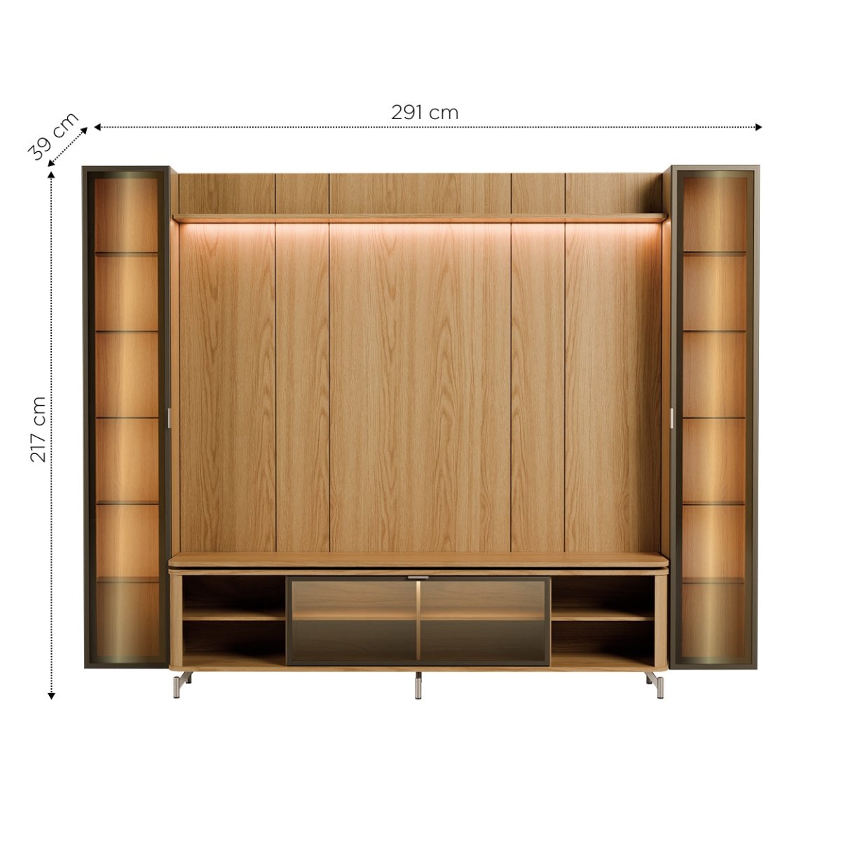 Estante para TV até 85 Polegadas com 2 Cristaleiras Vidro Reflecta 100% MDF com Led Lincoln Float 291cm - Província - Rack com painel