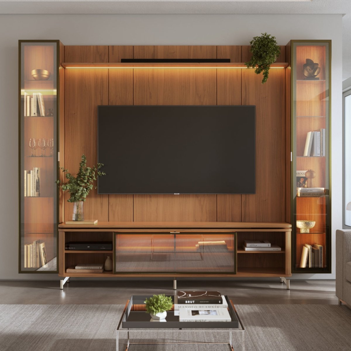 Estante para TV até 85 Polegadas com 2 Cristaleiras Vidro Reflecta 100% MDF com Led Lincoln Float 291cm - Província - Rack com painel