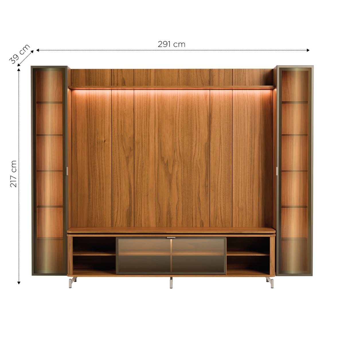 Estante para TV até 85 Polegadas com 2 Cristaleiras Vidro Reflecta 100% MDF com Led Lincoln Float 291cm - Província - Rack com painel