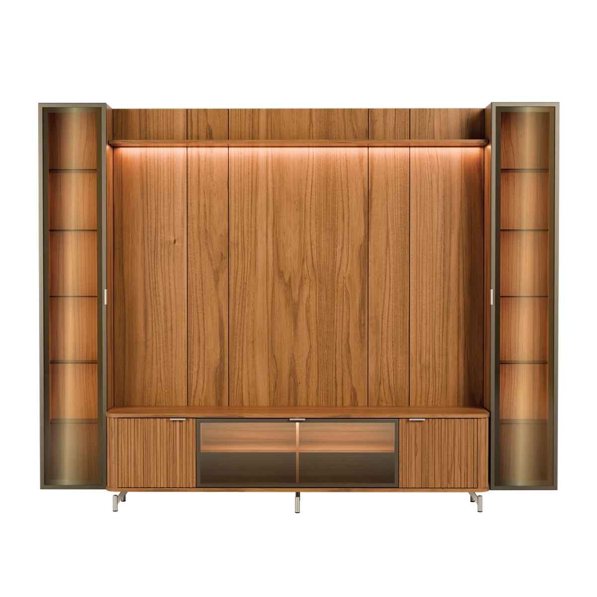 Estante para TV até 85 Polegadas com 2 Cristaleiras Vidro Reflecta 100% MDF com Led Neon Float 291cm - Província - Rack com painel