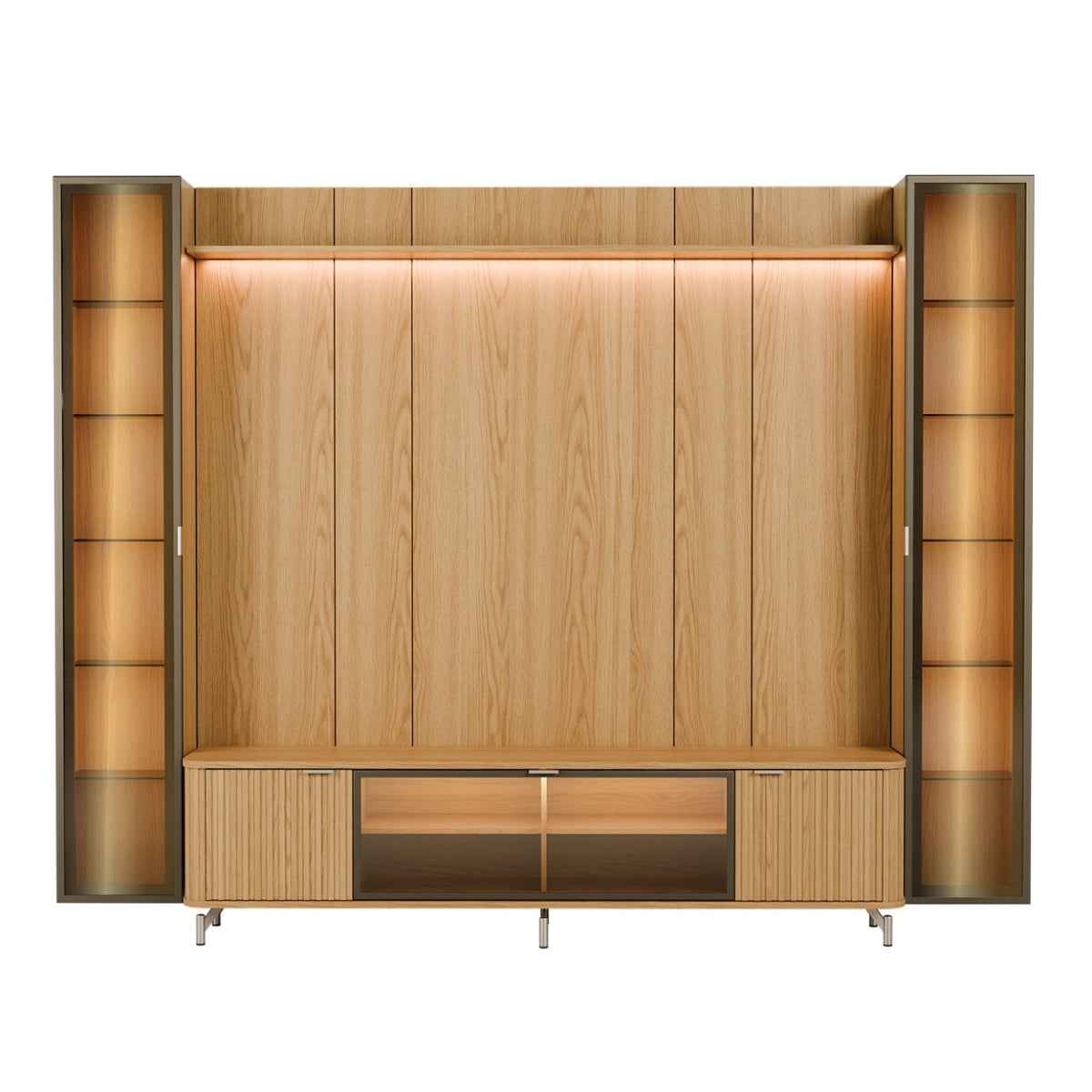 Estante para TV até 85 Polegadas com 2 Cristaleiras Vidro Reflecta 100% MDF com Led Neon Float 291cm - Província - Rack com painel