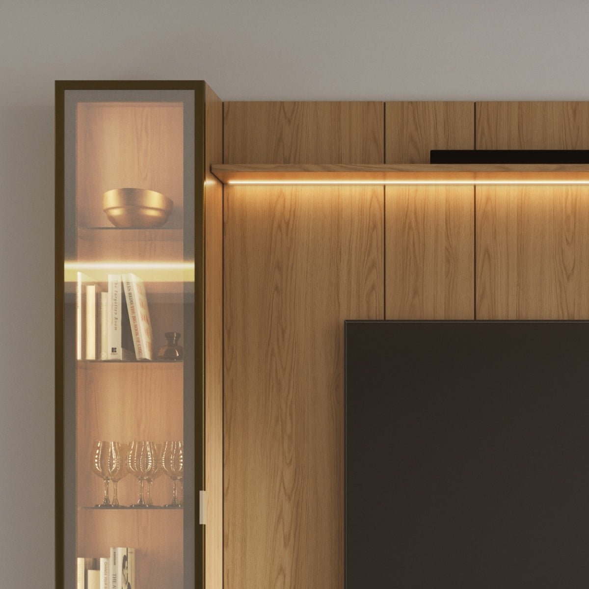 Estante para TV até 85 Polegadas com 2 Cristaleiras Vidro Reflecta 100% MDF com Led Neon Float 291cm - Província - Rack com painel
