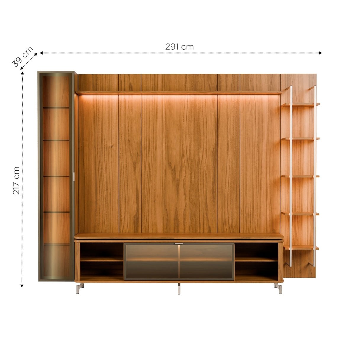 Estante para TV até 85 Polegadas com Prateleiras e Cristaleira Vidro Reflecta 100% MDF com Led Lincoln Float 291cm - Província - Rack com painel
