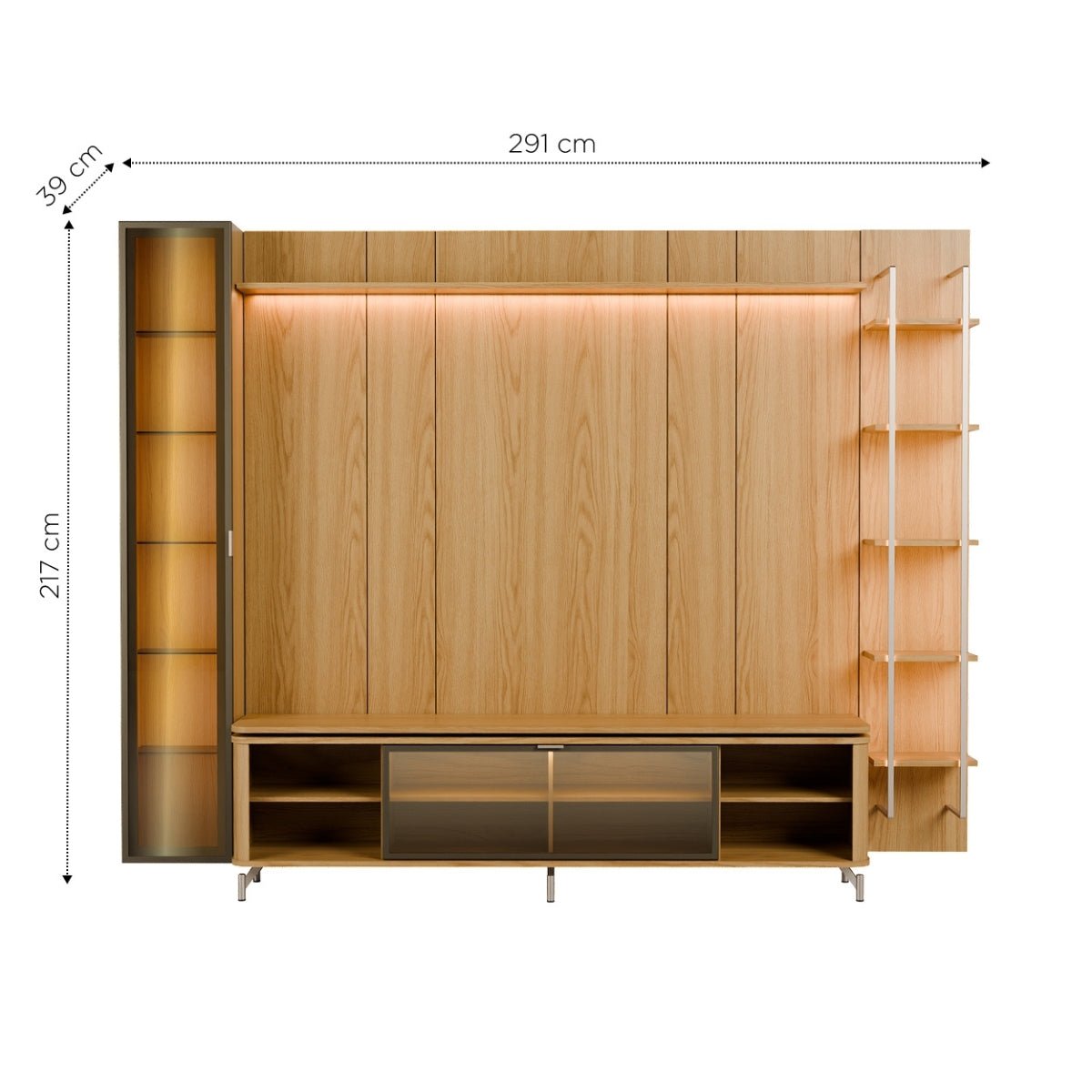 Estante para TV até 85 Polegadas com Prateleiras e Cristaleira Vidro Reflecta 100% MDF com Led Lincoln Float 291cm - Província - Rack com painel