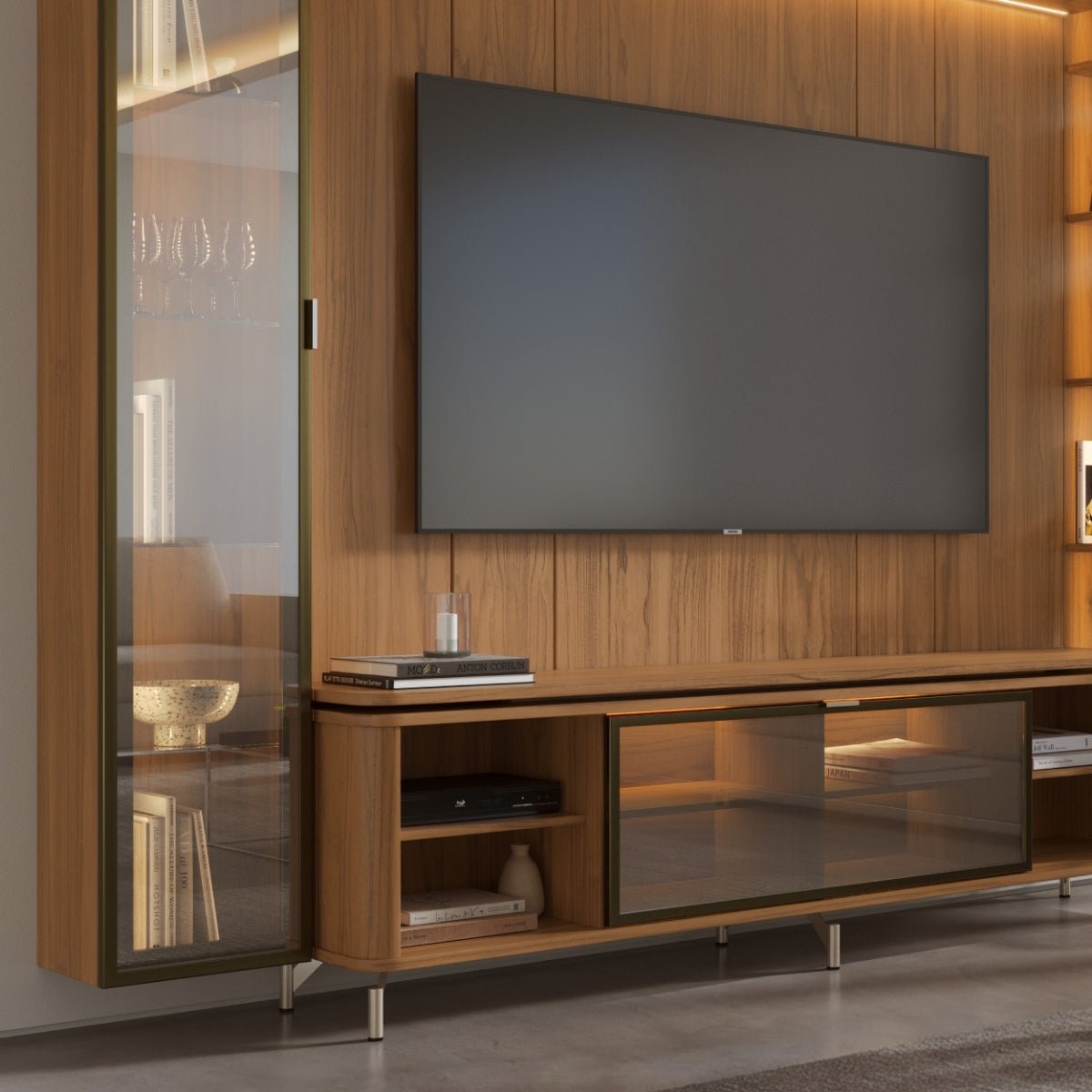 Estante para TV até 85 Polegadas com Prateleiras e Cristaleira Vidro Reflecta 100% MDF com Led Lincoln Float 291cm - Província - Rack com painel
