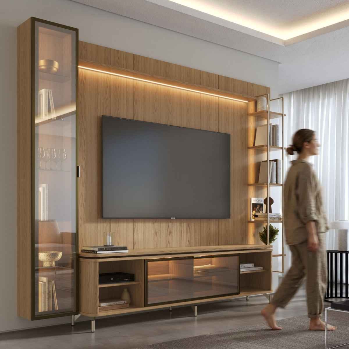 Estante para TV até 85 Polegadas com Prateleiras e Cristaleira Vidro Reflecta 100% MDF com Led Lincoln Float 291cm - Província - Rack com painel