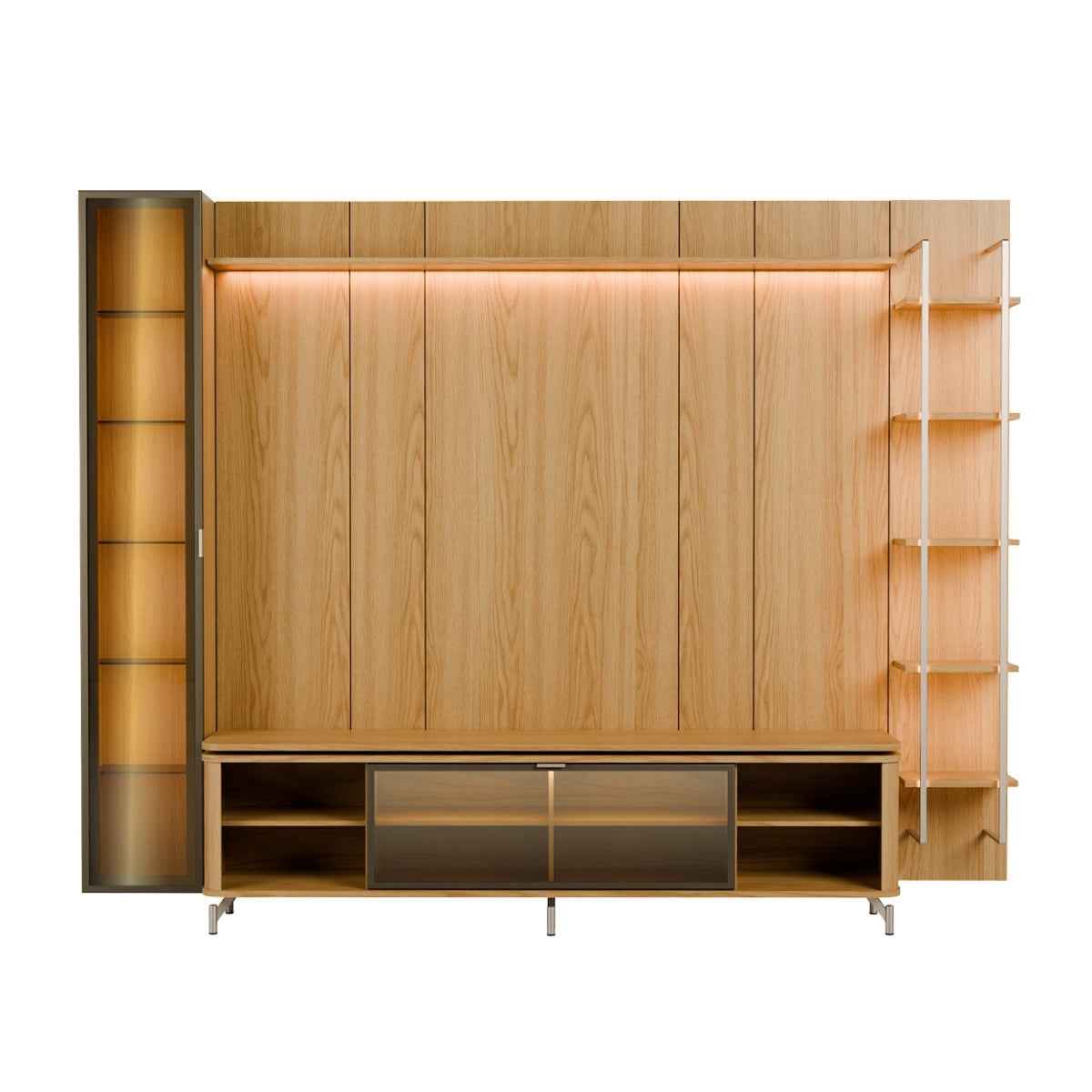 Estante para TV até 85 Polegadas com Prateleiras e Cristaleira Vidro Reflecta 100% MDF com Led Lincoln Float 291cm - Província - Rack com painel