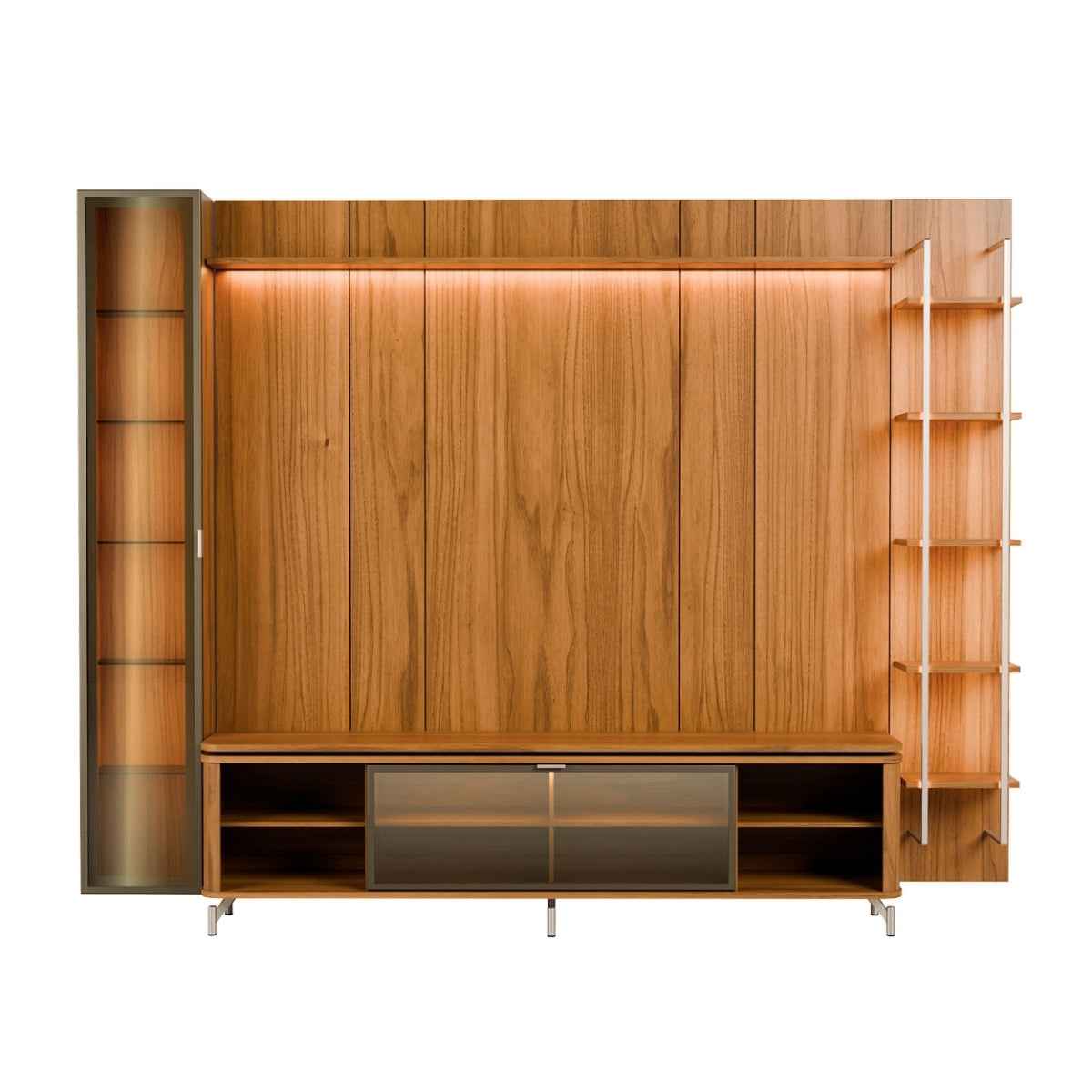 Estante para TV até 85 Polegadas com Prateleiras e Cristaleira Vidro Reflecta 100% MDF com Led Lincoln Float 291cm - Província - Rack com painel