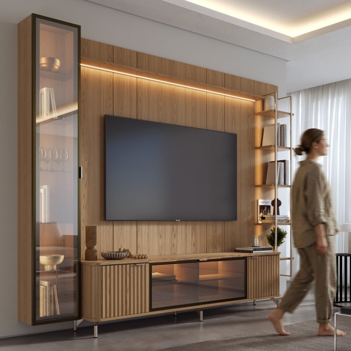 Estante para TV até 85 Polegadas com Prateleiras e Cristaleira Vidro Reflecta 100% MDF com Led Neon Float 291cm - Província - Rack com painel