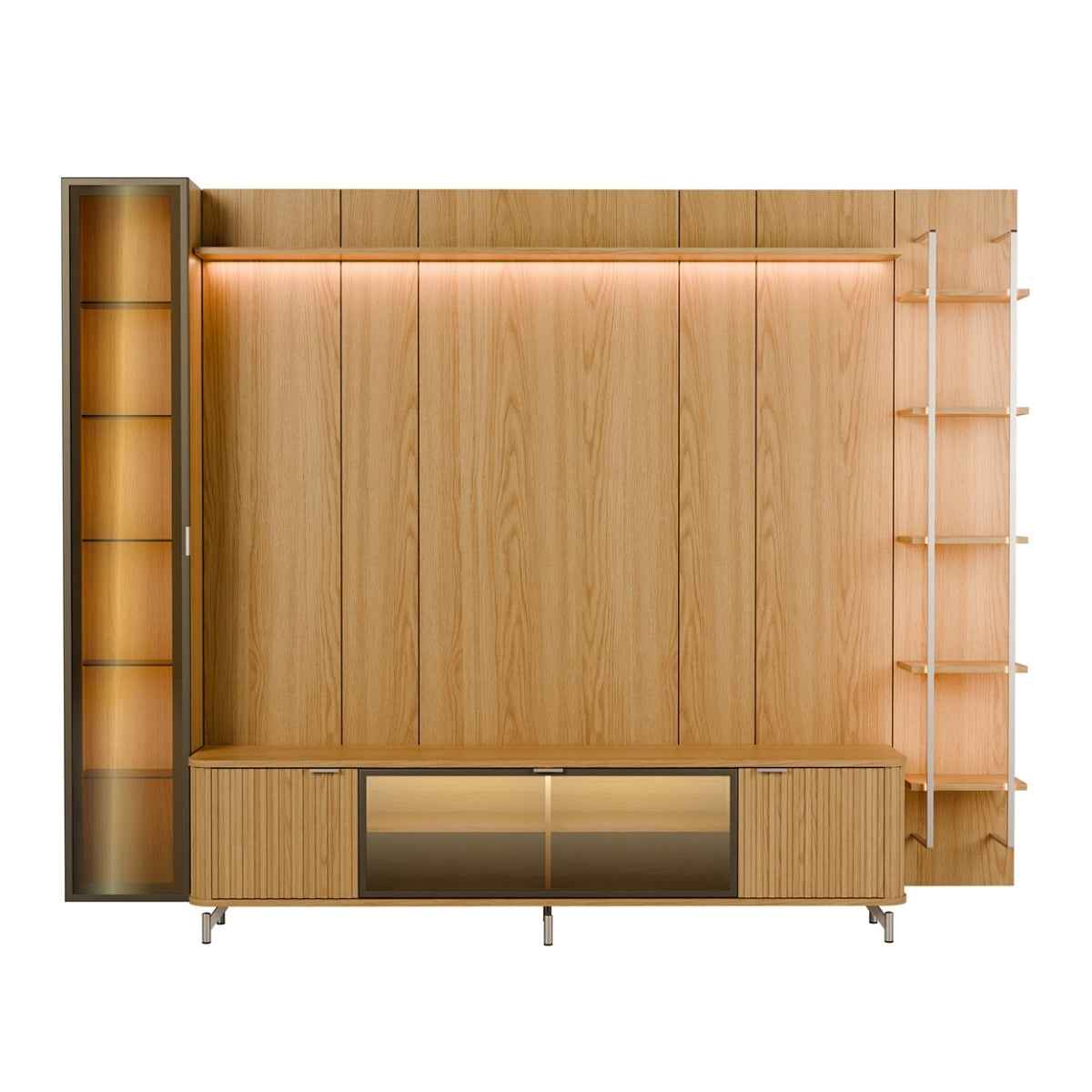 Estante para TV até 85 Polegadas com Prateleiras e Cristaleira Vidro Reflecta 100% MDF com Led Neon Float 291cm - Província - Rack com painel