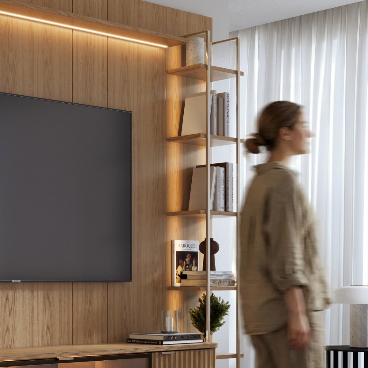 Estante para TV até 85 Polegadas com Prateleiras e Cristaleira Vidro Reflecta 100% MDF com Led Neon Float 291cm - Província - Rack com painel