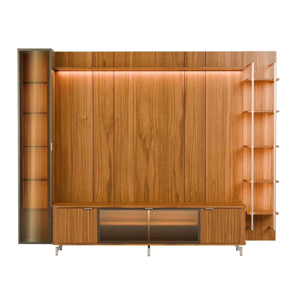 Estante para TV até 85 Polegadas com Prateleiras e Cristaleira Vidro Reflecta 100% MDF com Led Neon Float 291cm - Província - Rack com painel