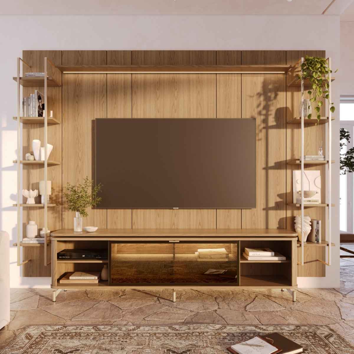 Estante para TV até 85 Polegadas Vidro Reflecta com Prateleiras 100% MDF com Led Lincoln Float 291cm - Província - Rack com painel