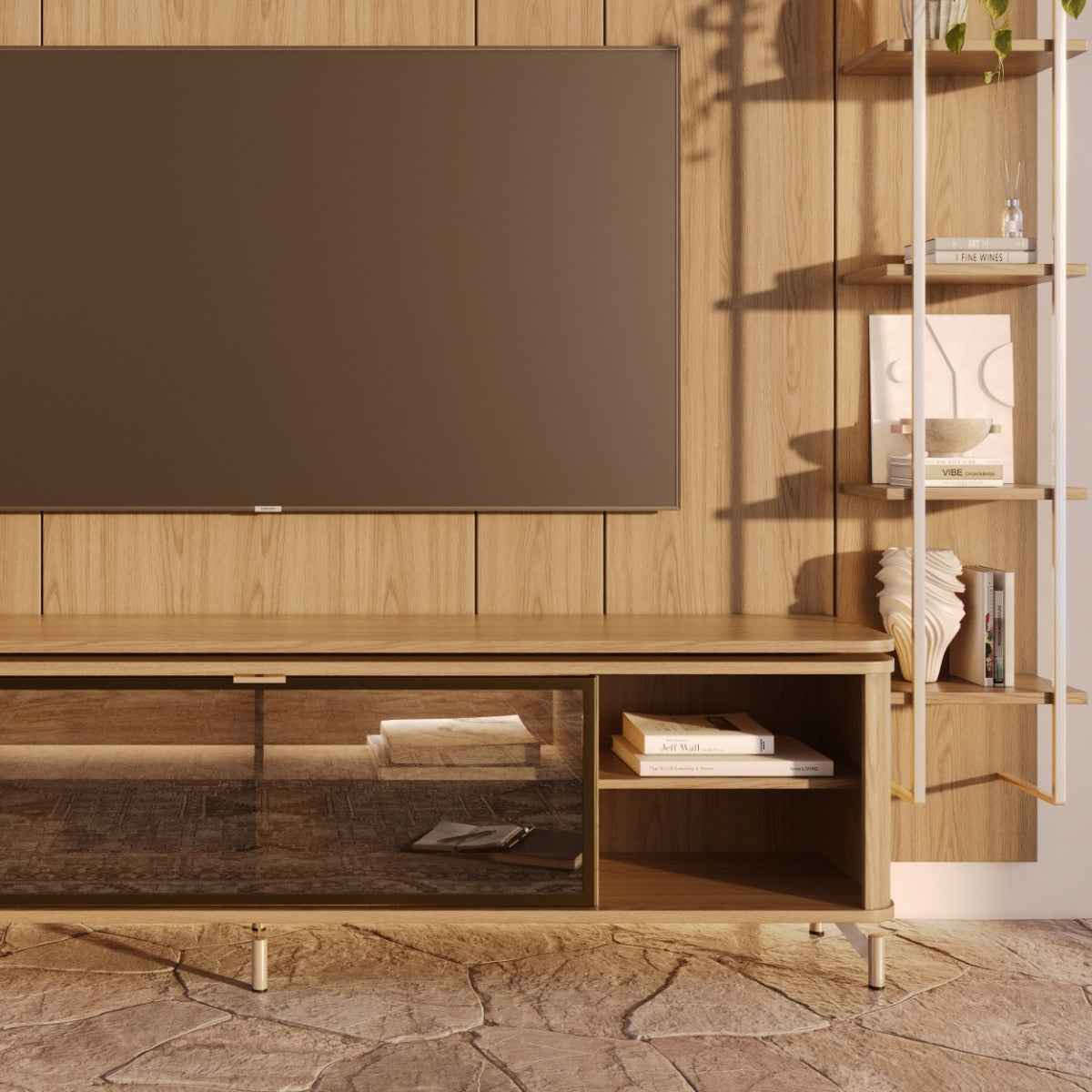Estante para TV até 85 Polegadas Vidro Reflecta com Prateleiras 100% MDF com Led Lincoln Float 291cm - Província - Rack com painel