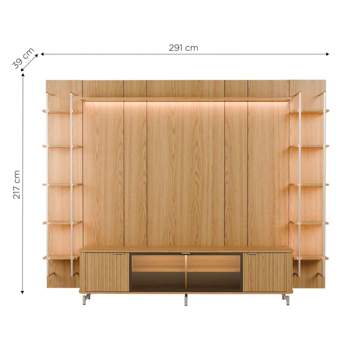 Estante para TV até 85 Polegadas Vidro Reflecta com Prateleiras 100% MDF com Led Neon Float 291cm - Província - Rack com painel
