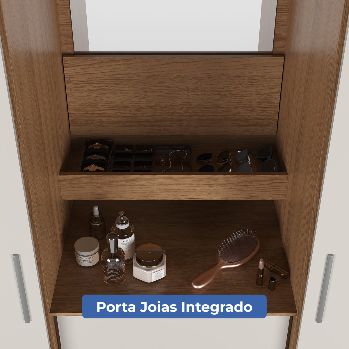 Guarda Roupa Casal com Espelho 2 Portas de Correr 4 Gavetas Ítalo Carvalho com Off-White