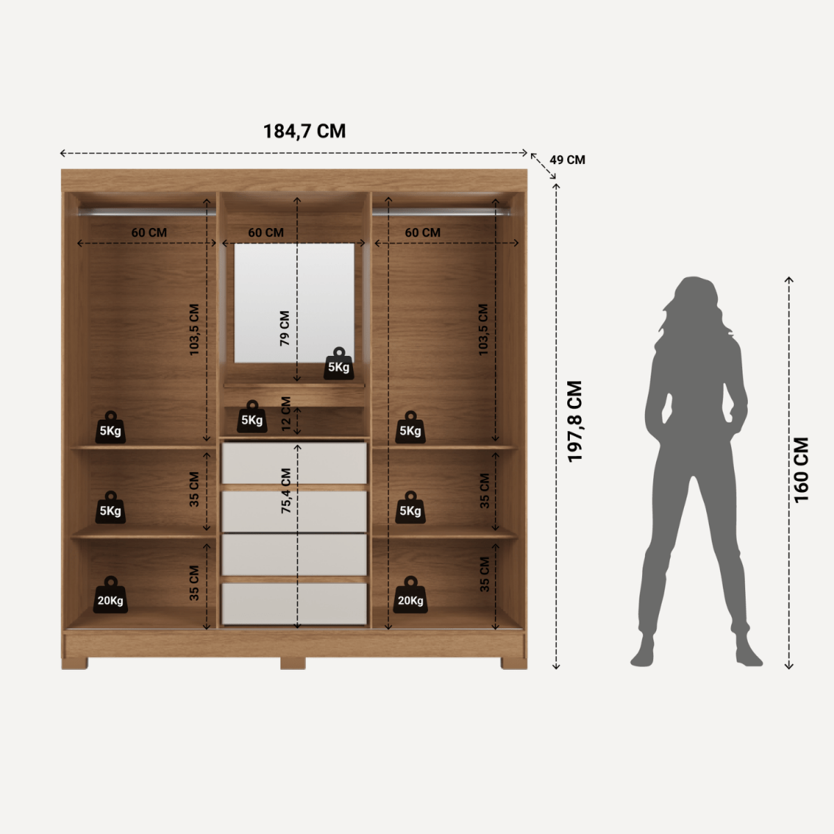 Guarda - Roupa 2 Portas de Correr c/ Espelho Italo 184cm Carvalho Off White - Província - Guarda - roupas