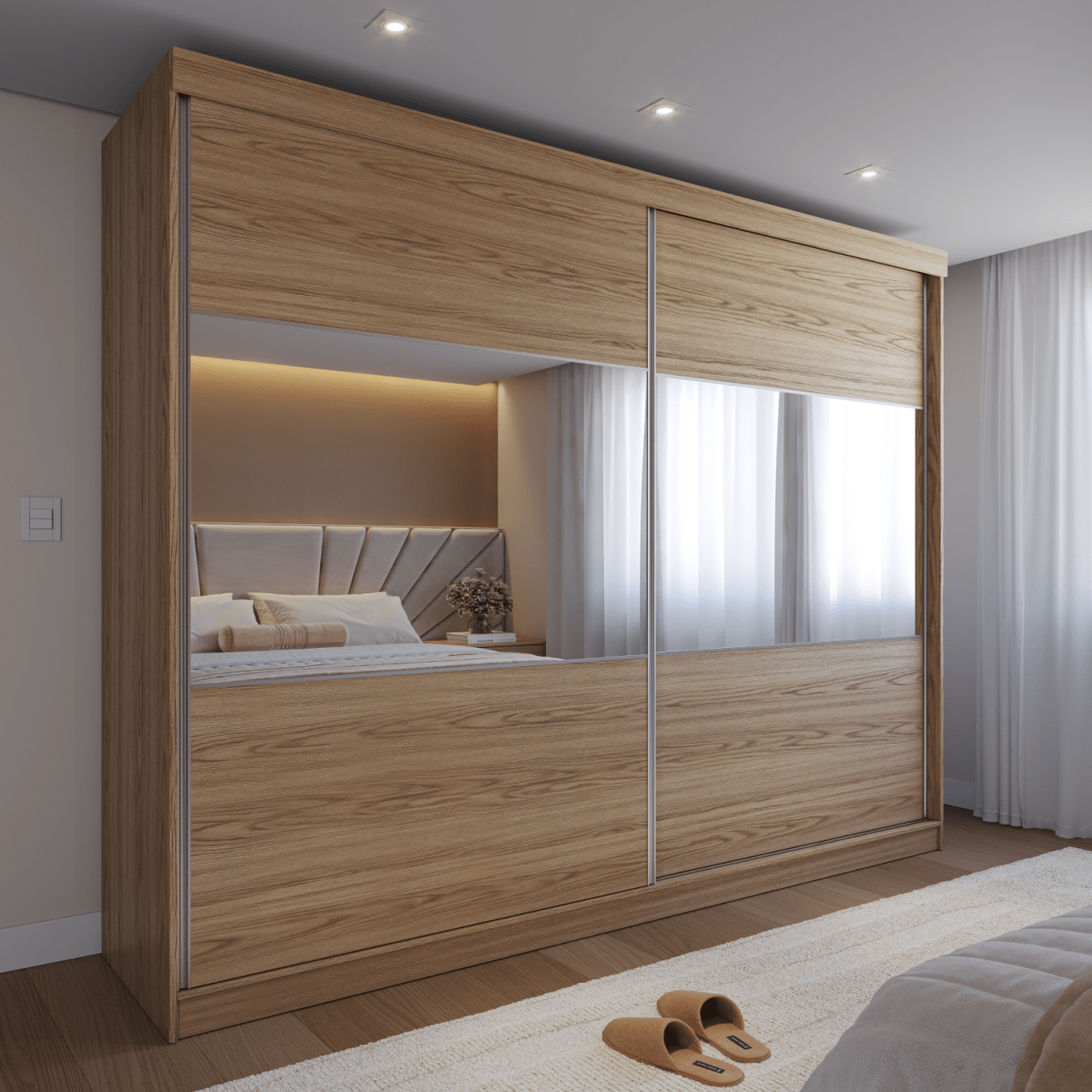 Guarda Roupa Casal 2 Portas de Correr c/ Espelho Gavino 238cm Carvalho - Província - Guarda - roupas