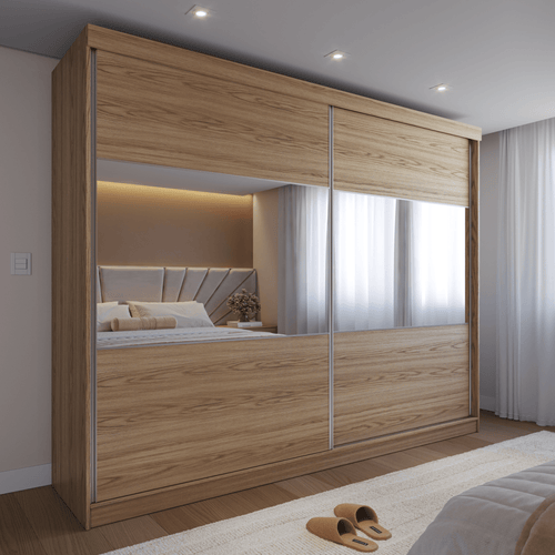 Guarda Roupa Casal 2 Portas de Correr c/ Espelho Gavino 238cm Carvalho - Província - Guarda - roupas