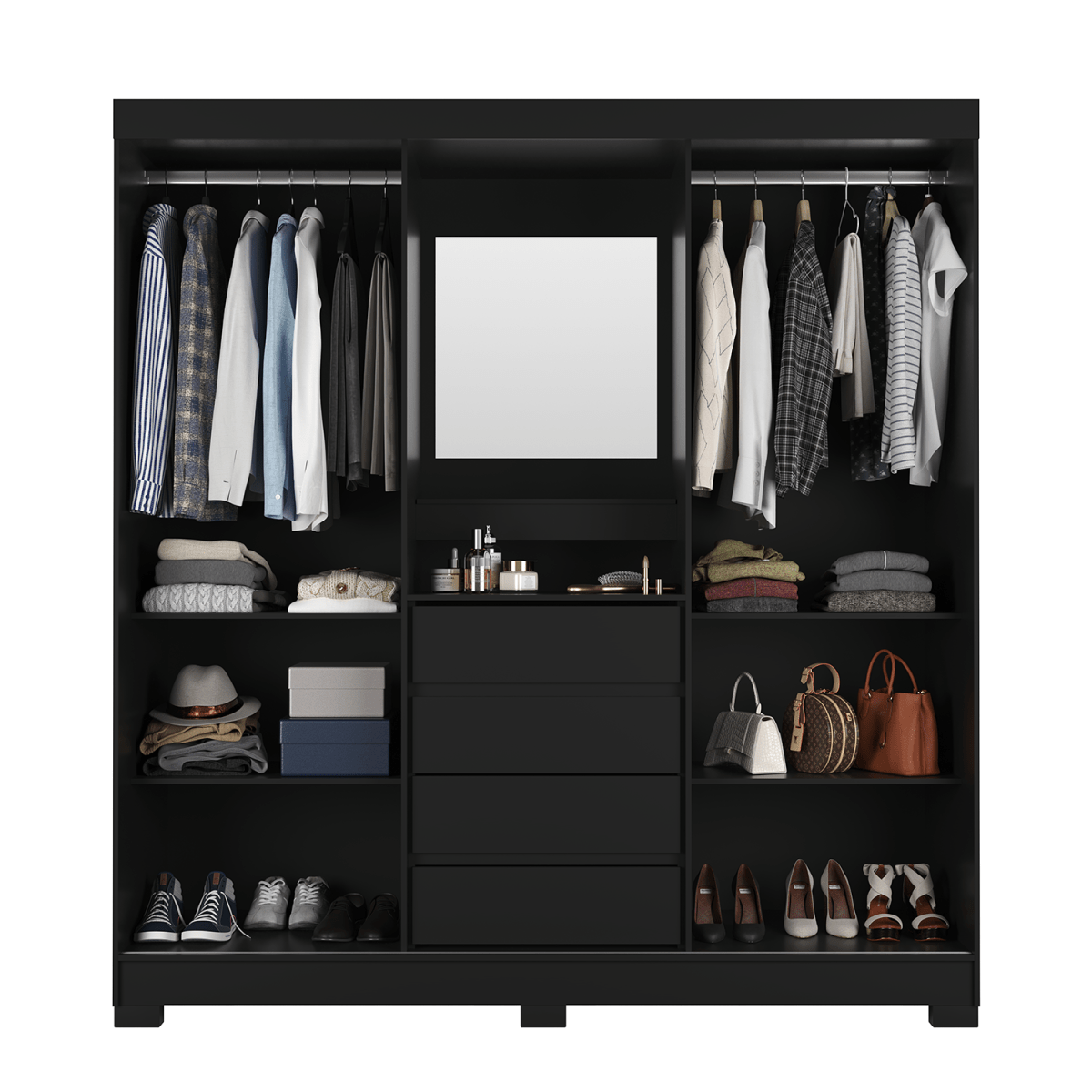 Guarda - Roupa Casal 2 Portas de Correr c/ Espelho Italo Preto - Província - Guarda - roupas