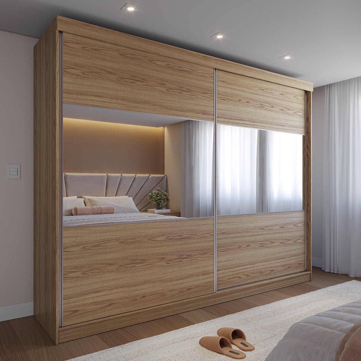 Guarda Roupa Casal 2 Portas de Correr com Espelho Gavino 238cm Carvalho - Província - Guarda - roupas