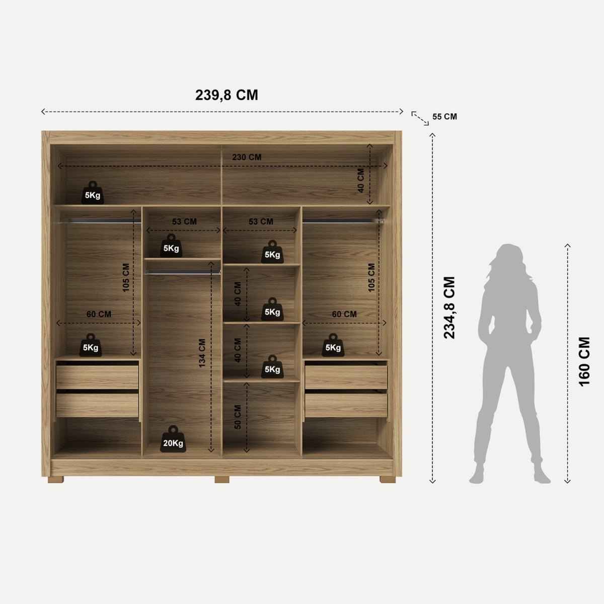 Guarda Roupa Casal 2 Portas de Correr com Espelho Soho 238cm Canella com Off White Fosco