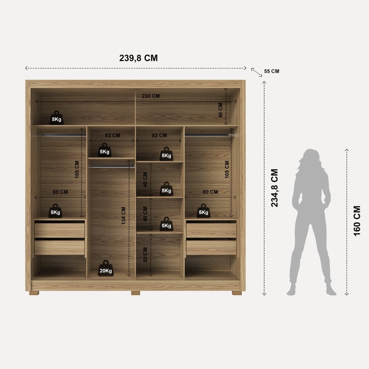Guarda Roupa Casal 2 Portas de Correr com Espelho Soho 238cm Carvalho com Off-White - Província - Guarda-roupas