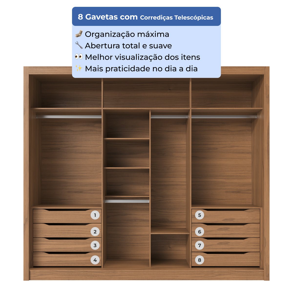 Guarda - Roupa Casal 3 Portas de Correr 8 Gavetas Montclair 275 cm Canella com Off - White Fosco - Província - Guarda - roupas