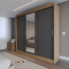 Guarda Roupa Casal 3 Portas de Correr c/ Espelho Vittorio 172cm Carvalho/Grafite - Província - Guarda - roupas