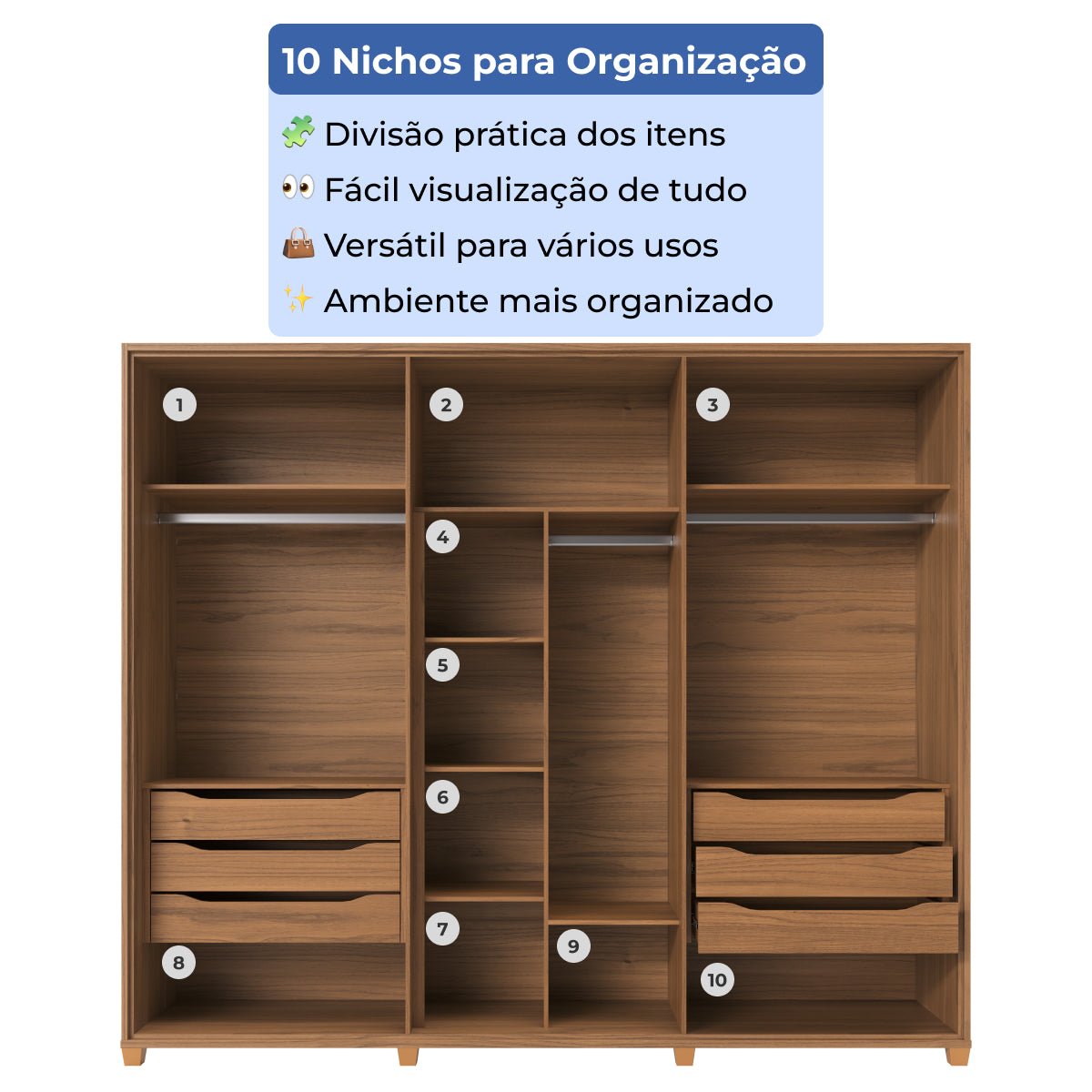 Guarda Roupa Casal 6 portas 100% MDF com Espelho Interno Rockford 274cm Canella com Off - White Fosco - Província - Guarda - roupas