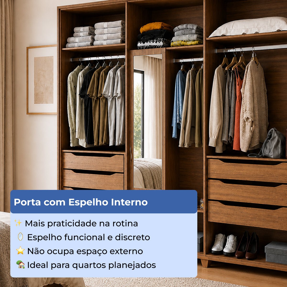 Guarda Roupa Casal 6 portas 100% MDF com Espelho Interno Rockford 274cm Canella com Off - White Fosco - Província - Guarda - roupas