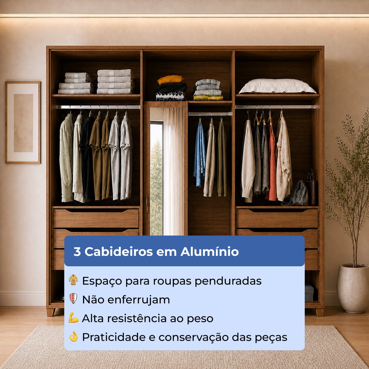 Guarda Roupa Casal 6 portas 100% MDF com Espelho Interno Rockford 274cm Canella com Off - White Fosco - Província - Guarda - roupas