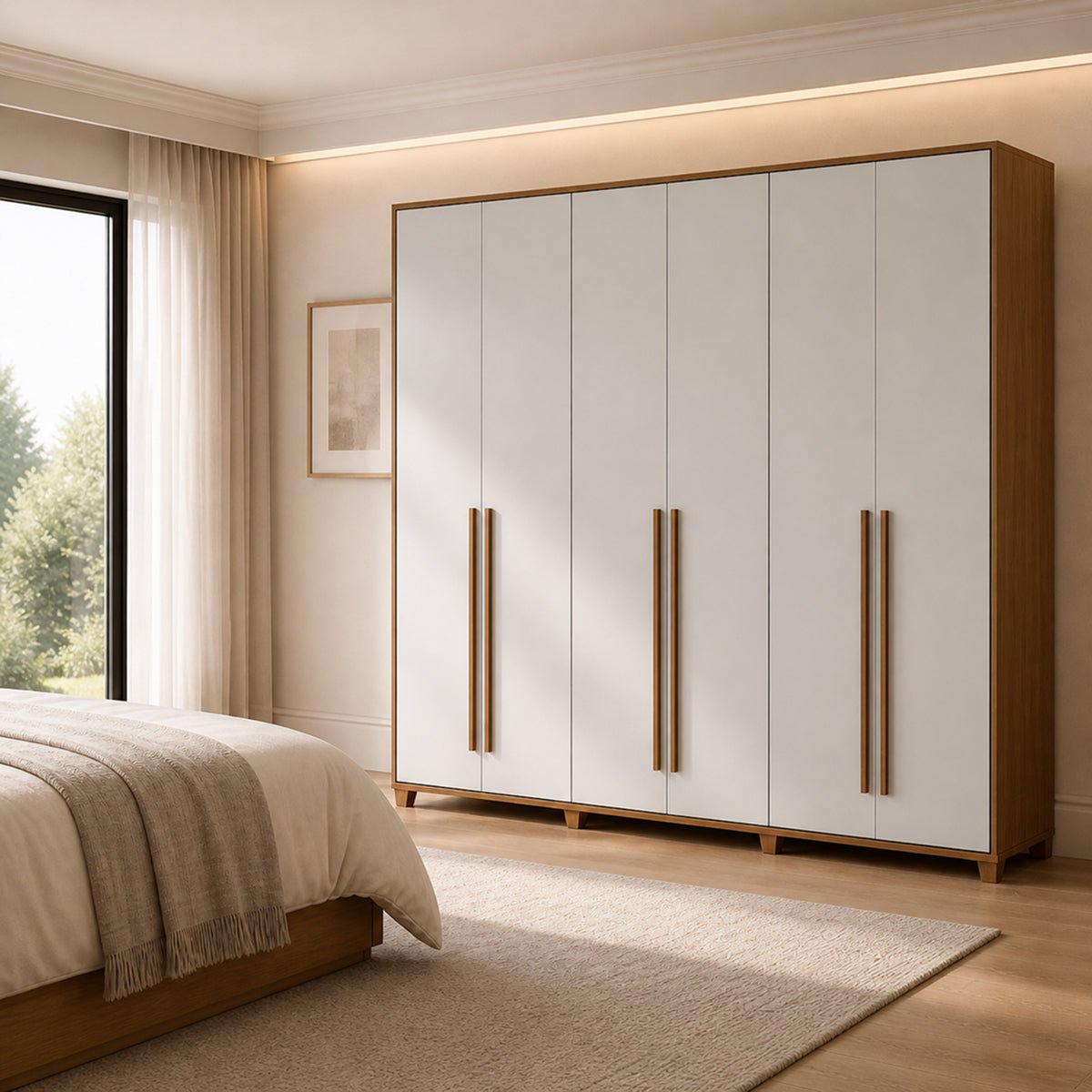 Guarda Roupa Casal 6 portas 100% MDF com Espelho Interno Rockford 274cm Canella com Off - White Fosco - Província - Guarda - roupas
